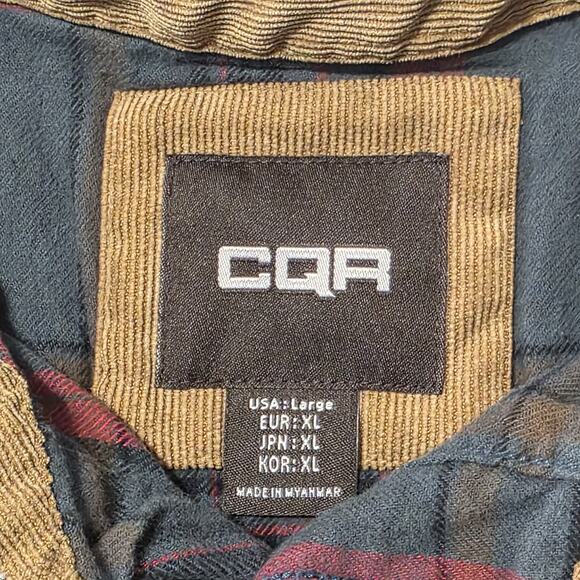 CQR Plaid Flannel Shirt Jacket Mens Large Blue Red Cotton Corduroy Trim - Picture 3 of 8